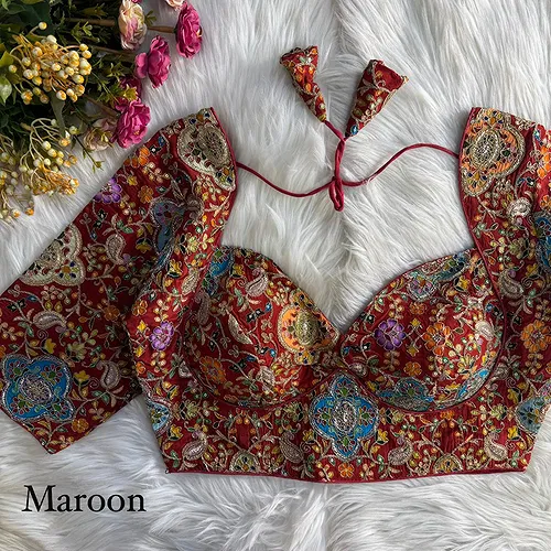 Maroon Kolkatta Style Position Print WIth Codding Work Partywear Blouse
