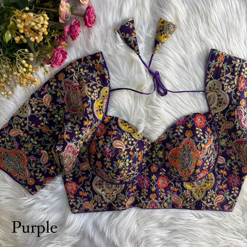 Puprle Kolkatta Style Position Print WIth Codding Work Partywear Blouse