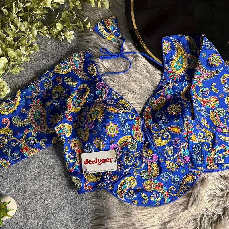 Blue Pure Crepe Silk Position Work Readymade Designer Blouse