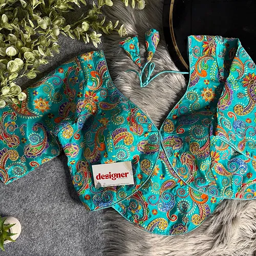 Firozi Pure Crepe Silk Position Work Readymade Designer Blouse