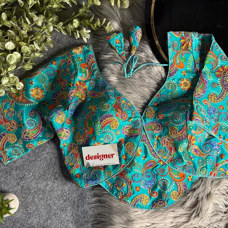 Firozi Pure Crepe Silk Position Work Readymade Designer Blouse