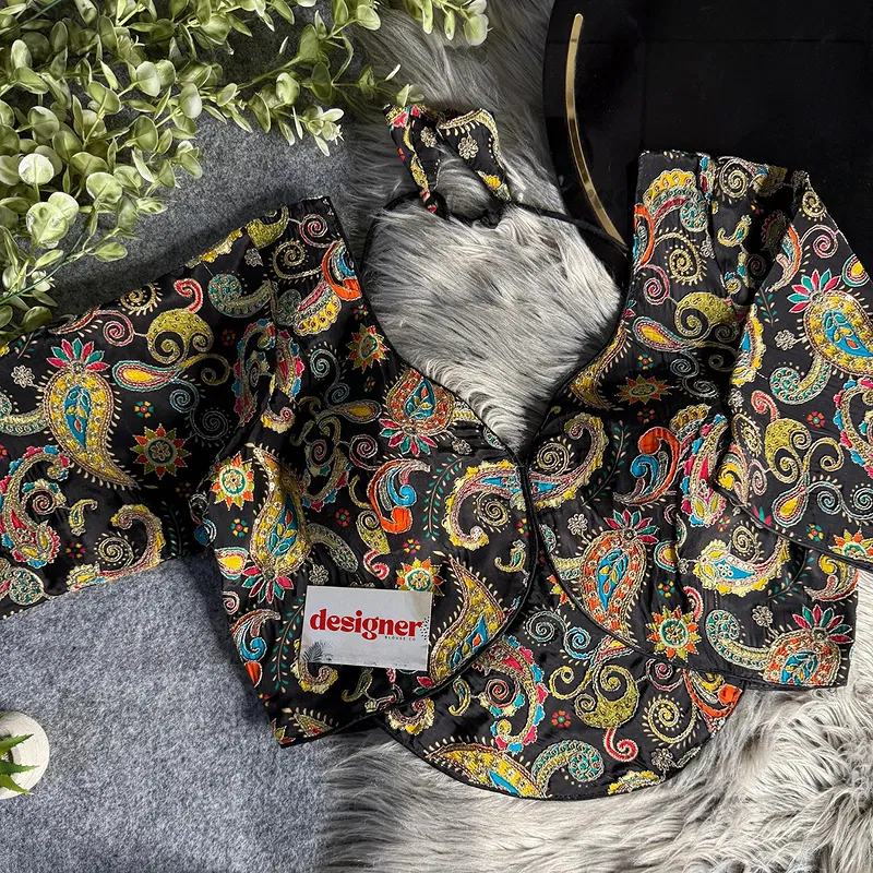 Black Pure Crepe Silk Position Work Readymade Designer Blouse