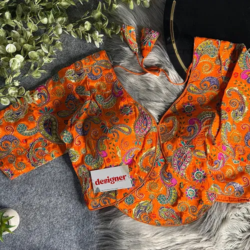 Orange Pure Crepe Silk Position Work Readymade Designer Blouse