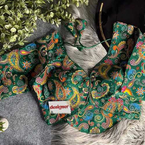 Green Pure Crepe Silk Position Work Readymade Designer Blouse