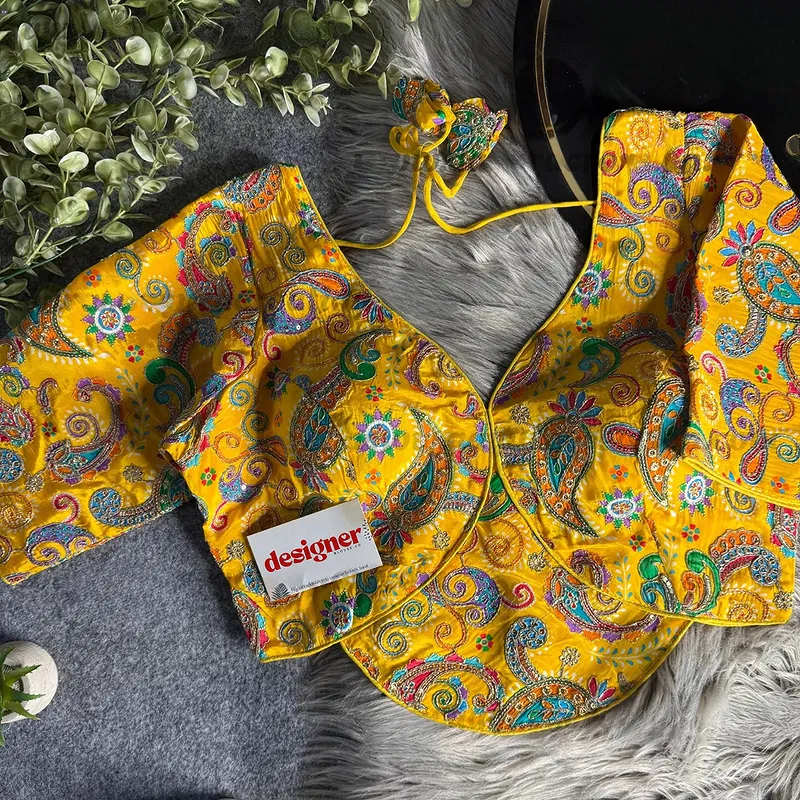 Yellow Pure Crepe Silk Position Work Readymade Designer Blouse