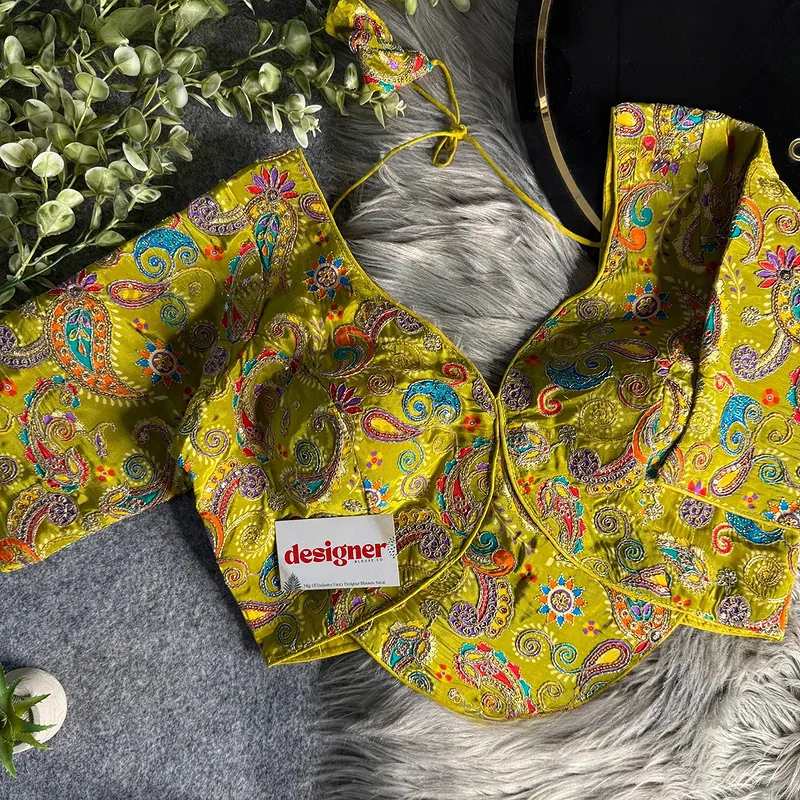 Lemon Yellow Pure Crepe Silk Position Work Readymade Designer Blouse