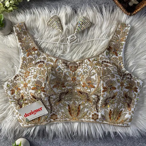 White Heavy Coding n Sequin Work Readymade Designer Blouse
