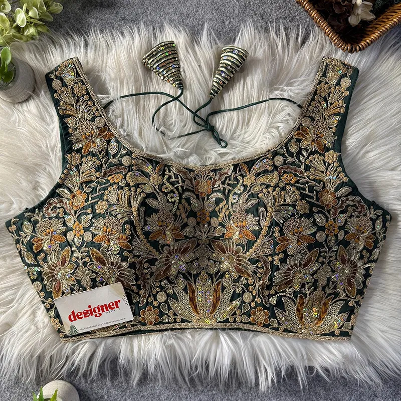 Bottle Green Heavy Coding n Sequin Work Readymade Designer Blouse