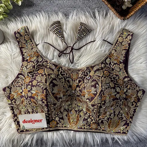 Wine Heavy Coding n Sequin Work Readymade Designer Blouse