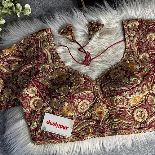 Maroon Bridal Sabyasachi Neck Italian Silk Embroidered Readymade Blouse