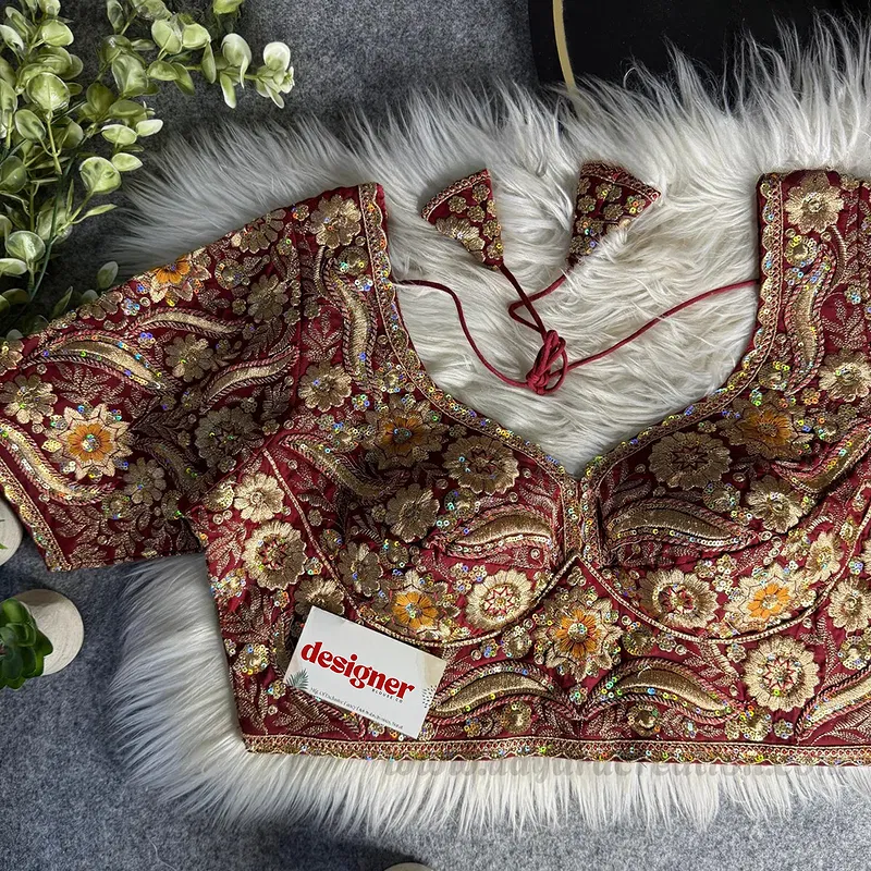 Maroon Bridal Sabyasachi Neck Italian Silk Embroidered Readymade Blouse