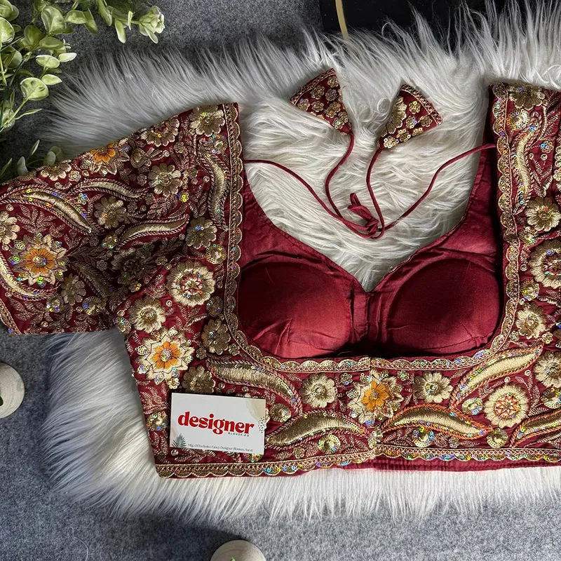 Maroon Bridal Sabyasachi Neck Italian Silk Embroidered Readymade Blouse