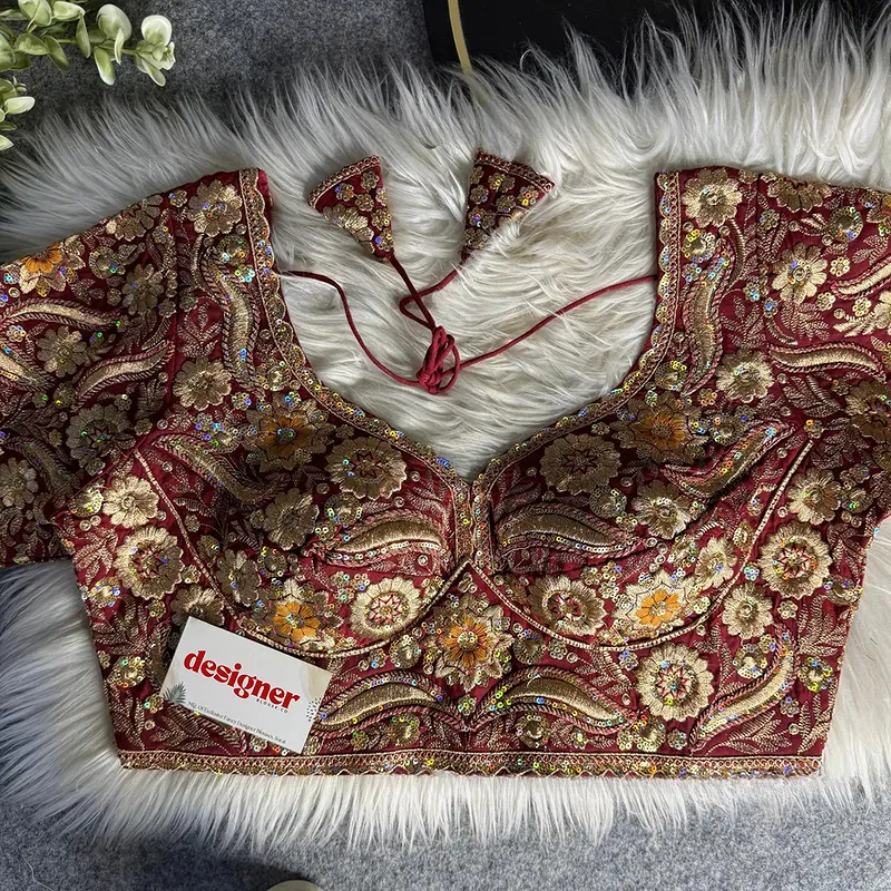 Maroon Bridal Sabyasachi Neck Italian Silk Embroidered Readymade Blouse