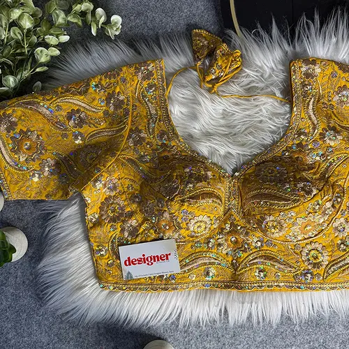 Yellow Bridal Sabyasachi Neck Italian Silk Embroidered Readymade Blouse