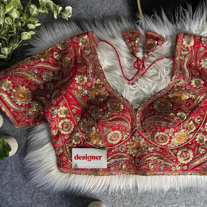 Red Bridal Sabyasachi Neck Italian Silk Embroidered Readymade Blouse