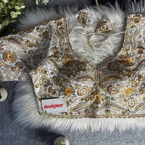 White Bridal Sabyasachi Neck Italian Silk Embroidered Readymade Blouse