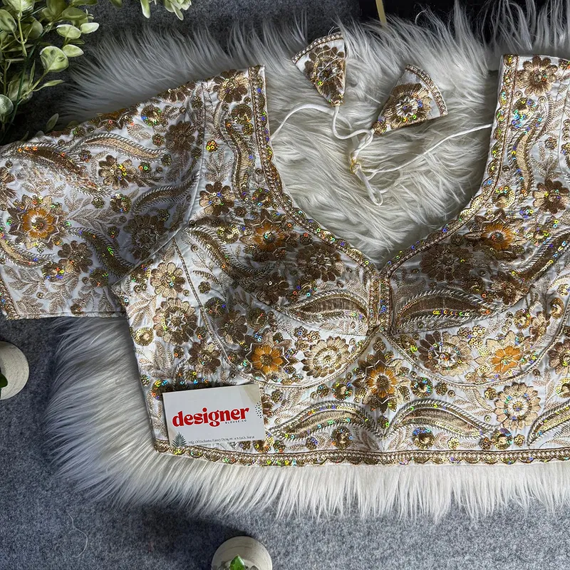 White Bridal Sabyasachi Neck Italian Silk Embroidered Readymade Blouse