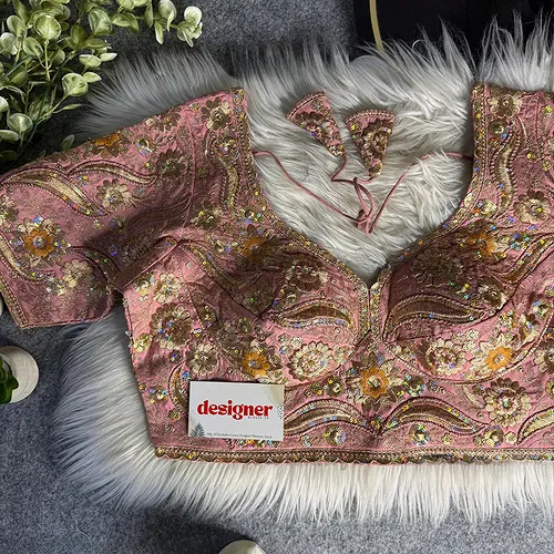 Peach Bridal Sabyasachi Neck Italian Silk Embroidered Readymade Blouse