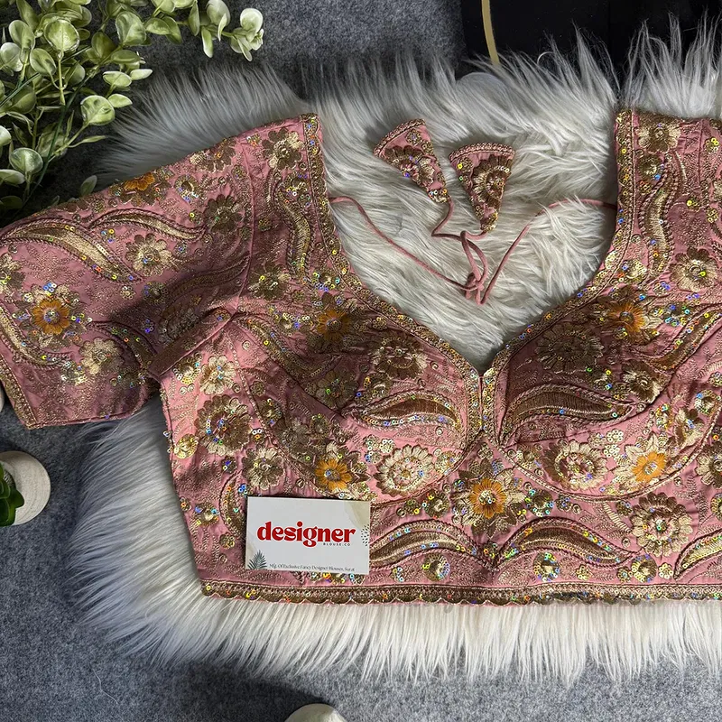 Peach Bridal Sabyasachi Neck Italian Silk Embroidered Readymade Blouse