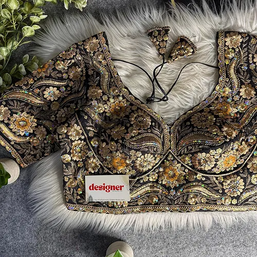 Black Bridal Sabyasachi Neck Italian Silk Embroidered Readymade Blouse