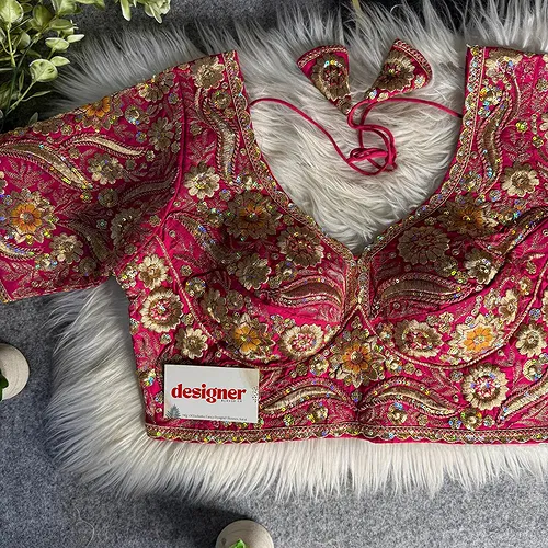 Rani Bridal Sabyasachi Neck Italian Silk Embroidered Readymade Blouse