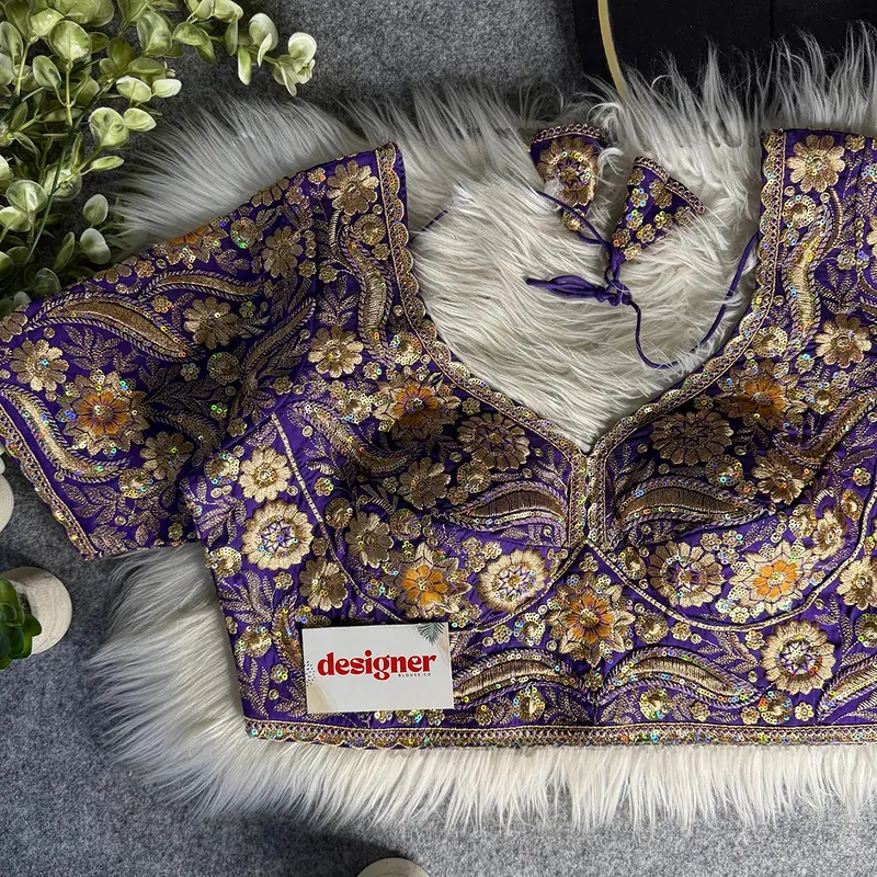 Purple Bridal Sabyasachi Neck Italian Silk Embroidered Readymade Blouse