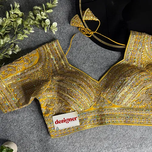 Yellow Bridal Italian Silk Embroidered Designer Readymade Blouse