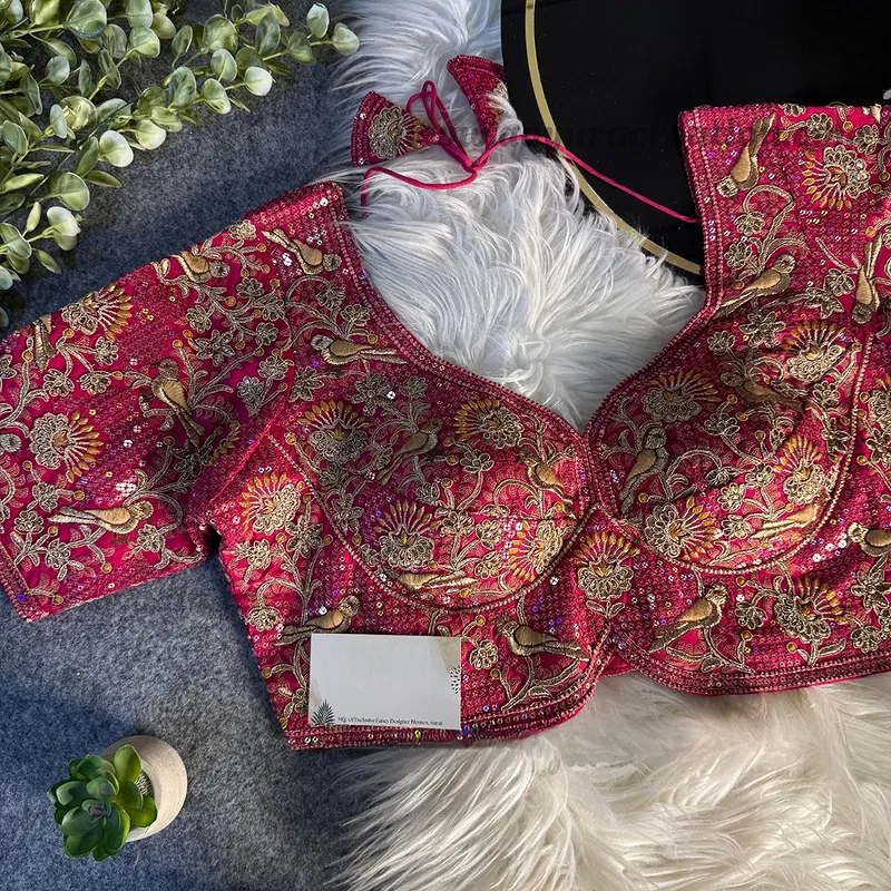 Rani Italian Silk Sabyasachi-Neck Designer Blouse For Wedding