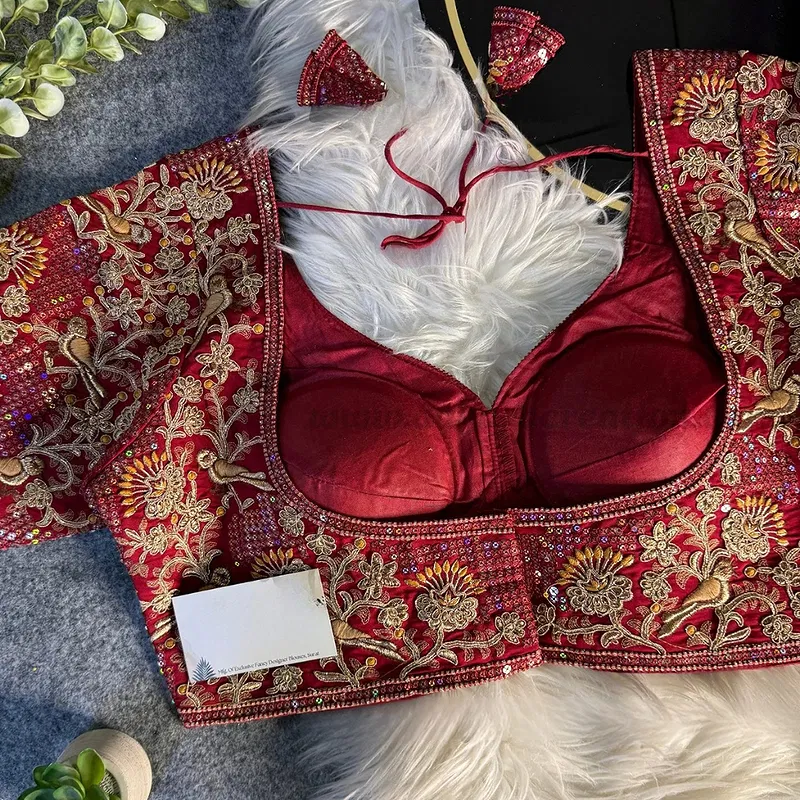 Maroon Italian Silk Sabyasachi-Neck Designer Blouse For Wedding
