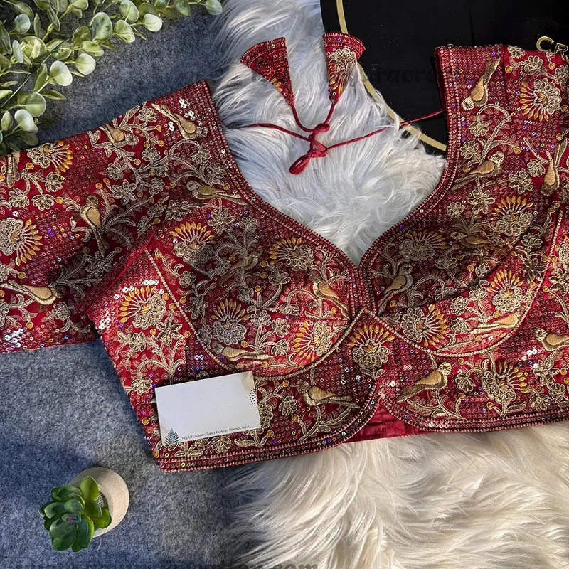 Maroon Italian Silk Sabyasachi-Neck Designer Blouse For Wedding