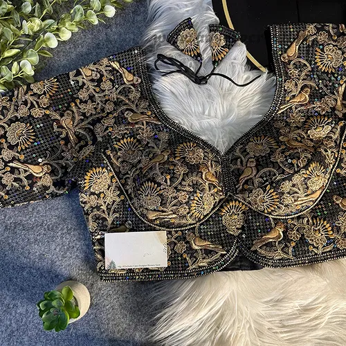 Black Italian Silk Sabyasachi-Neck Designer Blouse For Wedding
