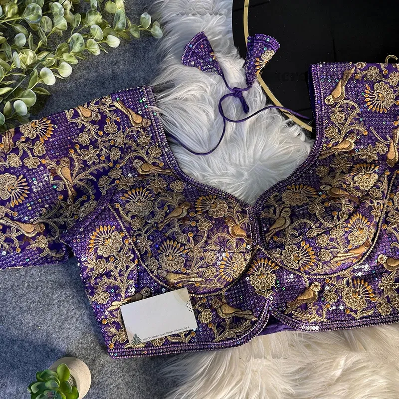 Purple Green Italian Silk Sabyasachi-Neck Designer Blouse For Wedding