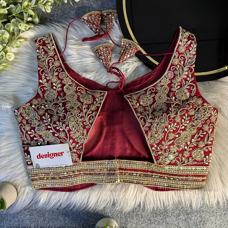 Maroon Italian Silk Heavy Coding Hand Work Sleeveless Designer Blouse
