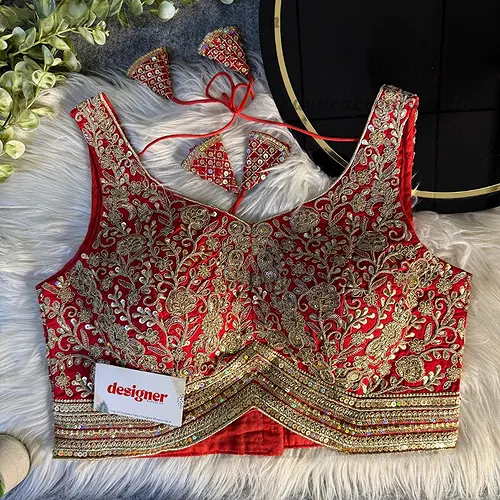 Red Italian Silk Heavy Coding Hand Work Sleeveless Designer Blouse