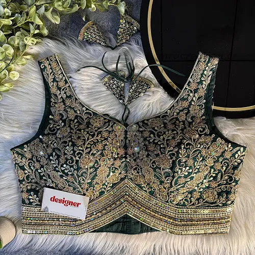 Bottle Green Italian Silk Heavy Coding Hand Work Sleeveless Designer Blouse