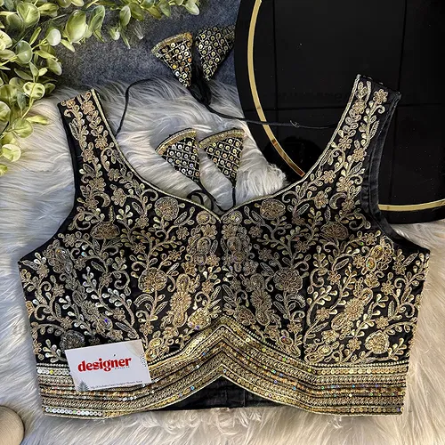 Black Italian Silk Heavy Coding Hand Work Sleeveless Designer Blouse