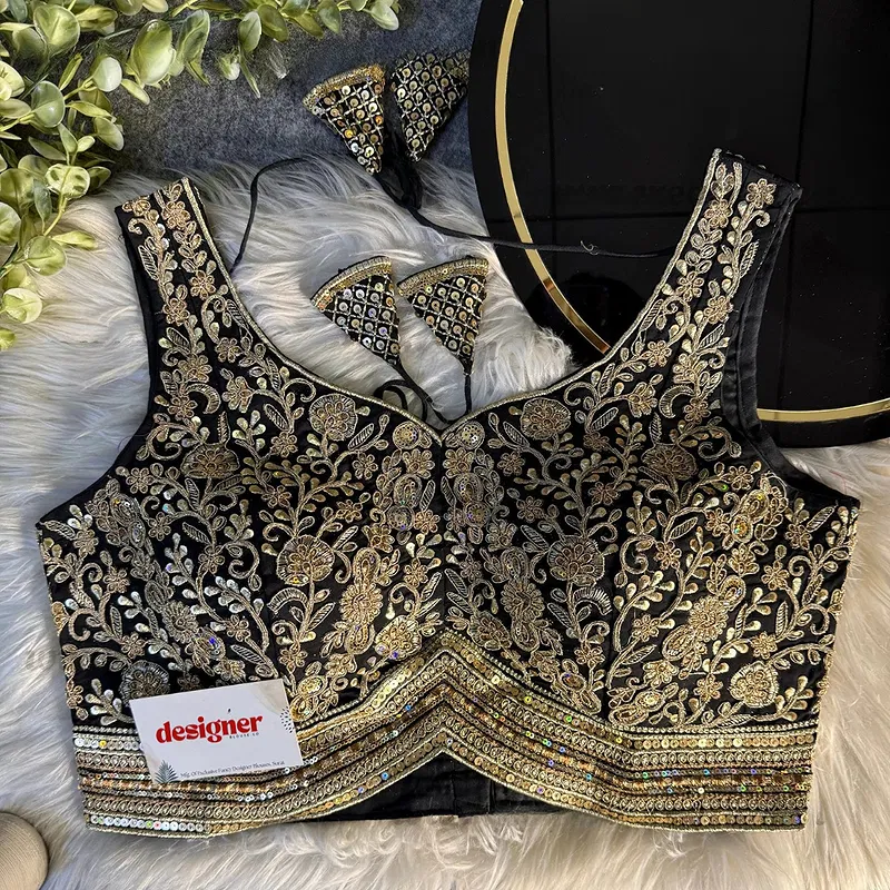 Black Italian Silk Heavy Coding Hand Work Sleeveless Designer Blouse