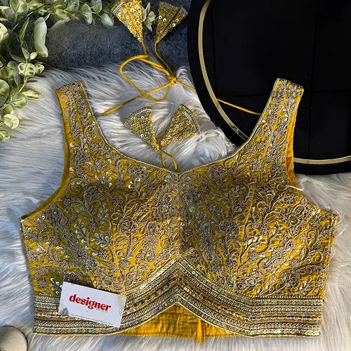 Yellow Italian Silk Heavy Coding Hand Work Sleeveless Designer Blouse