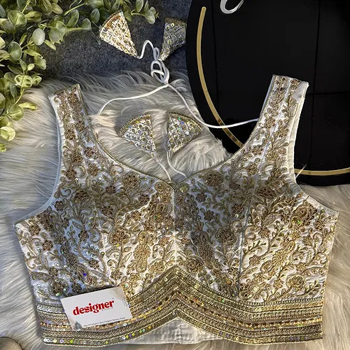 White Italian Silk Heavy Coding Hand Work Sleeveless Designer Blouse