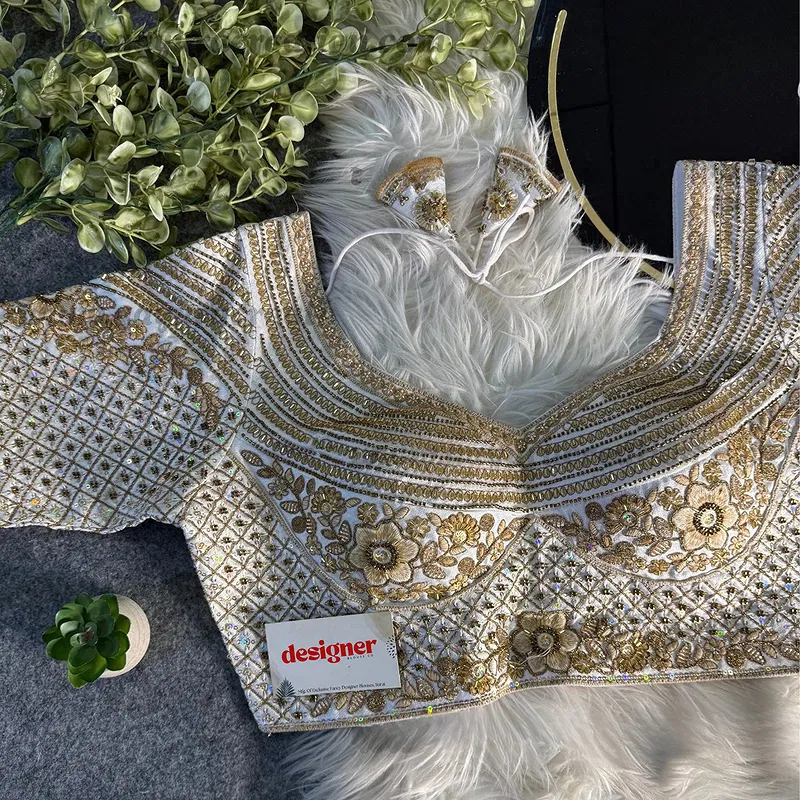 White Sabyasachi inspired Pink Bridal Hand Work Italian Silk Blouse 