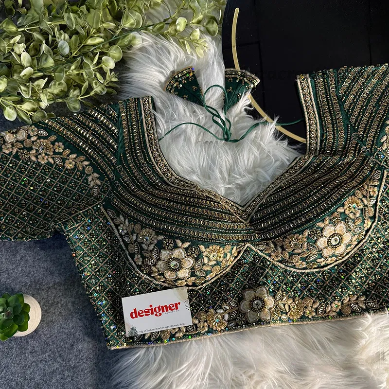 Bottle Green Sabyasachi inspired Pink Bridal Hand Work Italian Silk Blouse 