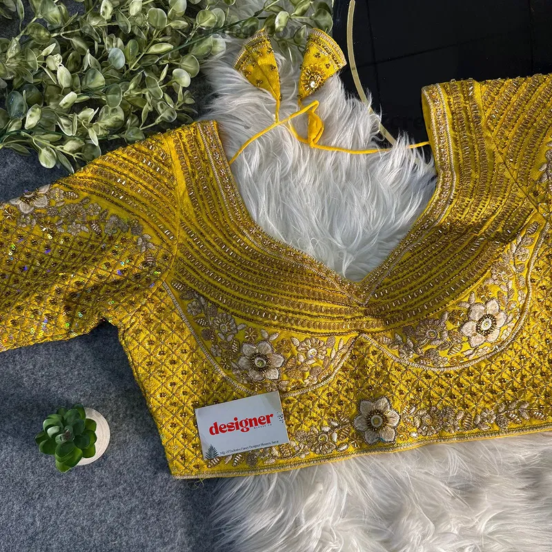 Yellow Green Sabyasachi inspired Pink Bridal Hand Work Italian Silk Blouse 