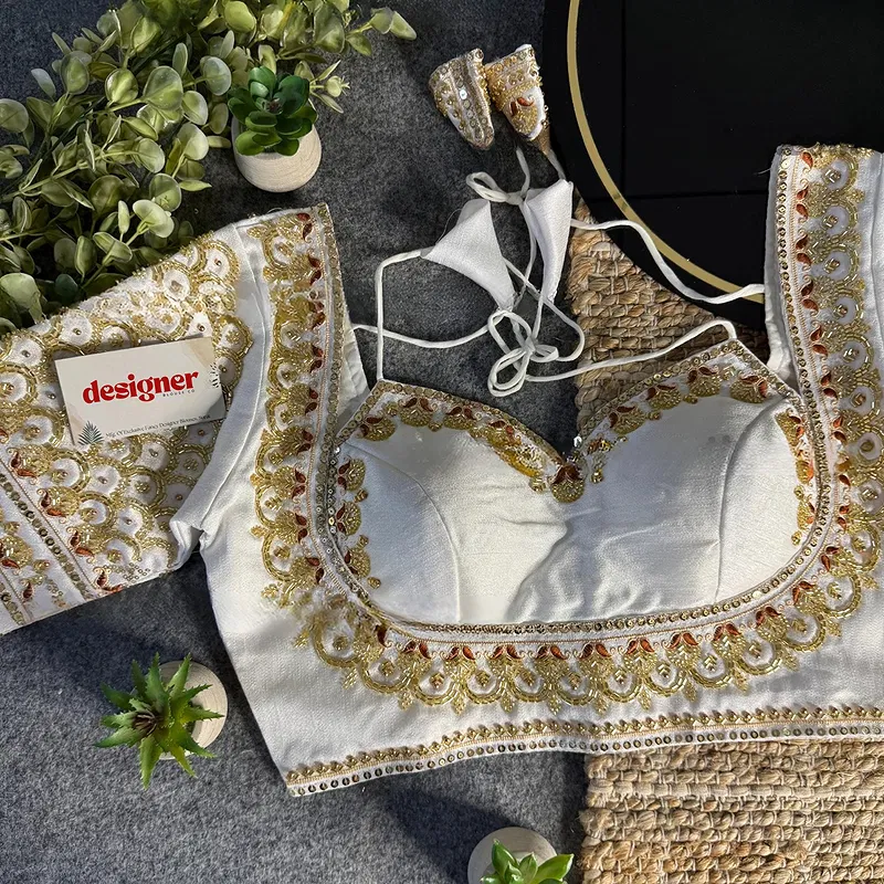 White Beautiful Beads Work Halter Neck Embroidery Blouse in Italian Silk