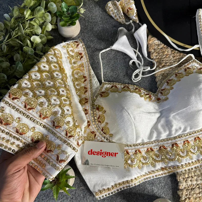 White Beautiful Beads Work Halter Neck Embroidery Blouse in Italian Silk