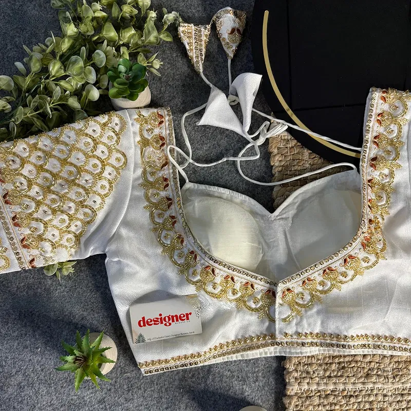 White Beautiful Beads Work Halter Neck Embroidery Blouse in Italian Silk