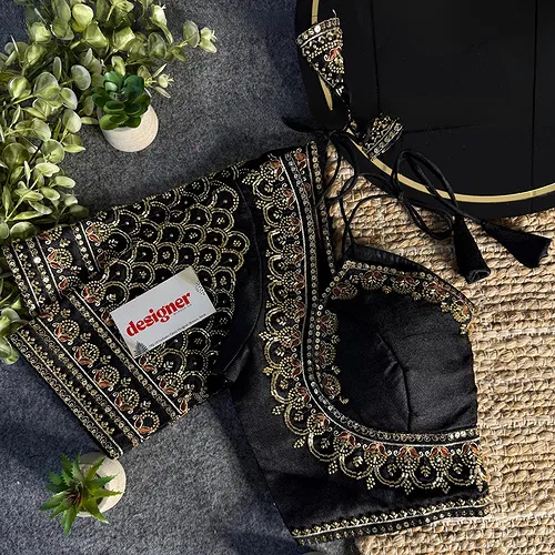 Black Beautiful Beads Work Halter Neck Embroidery Blouse in Italian Silk