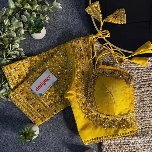 Yellow Beautiful Beads Work Halter Neck Embroidery Blouse in Italian Silk