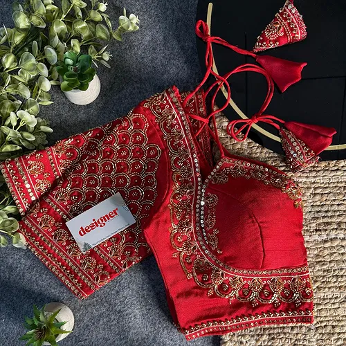 Red Beautiful Beads Work Halter Neck Embroidery Blouse in Italian Silk