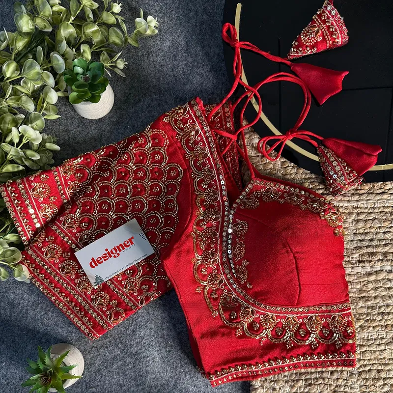 Red Beautiful Beads Work Halter Neck Embroidery Blouse in Italian Silk