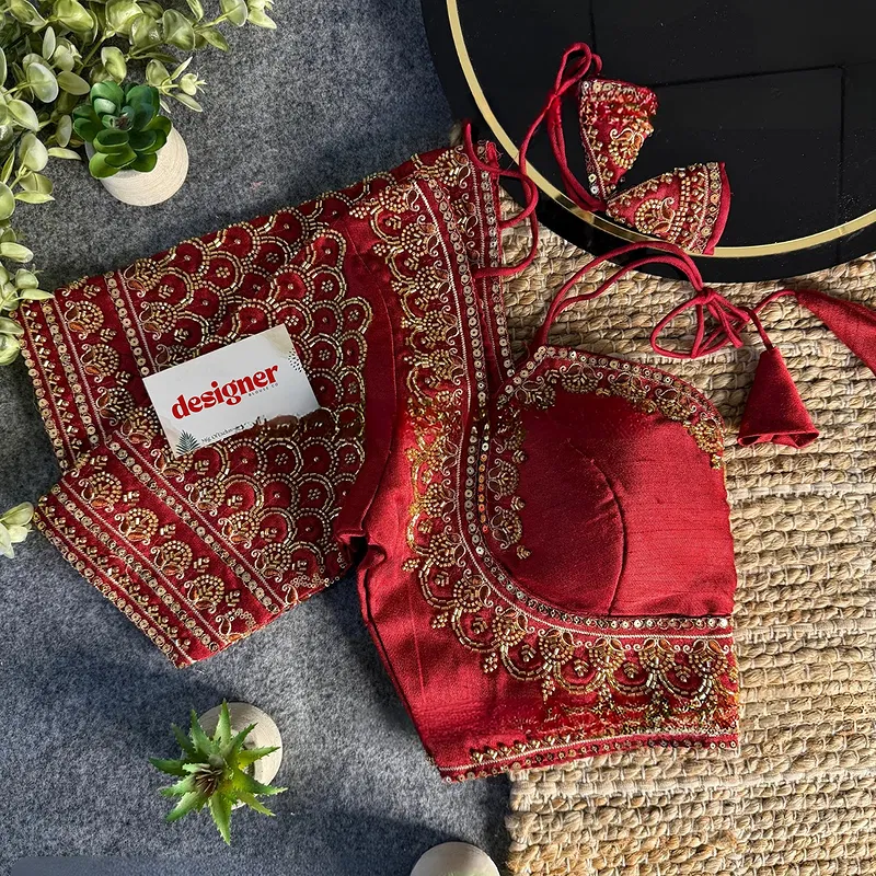 Maroon Beautiful Beads Work Halter Neck Embroidery Blouse in Italian Silk